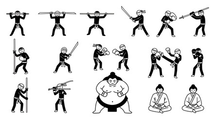 Collection of Stick Figures Practicing Martial Arts and Sumo Wrestling