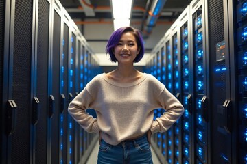 Excited Young East Asian Female IT Specialist in a Tech Startup Server Room