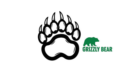 Black bear paw print and green grizzly bear silhouette with text