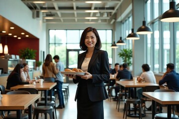 Confident Middle-Aged East Asian Businesswoman Having Lunch in a Corporate Cafeteria