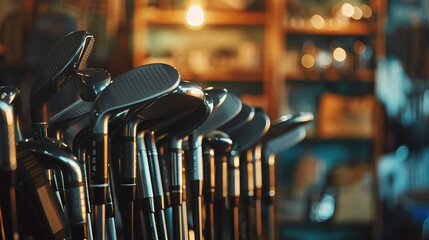 Close up of golf clubs. Golf shop sport equipment store. Bucket of golf clubs. Shiny golf clubs metal heads and grips in a sports shop silhouette. Happy new year golf course handicap