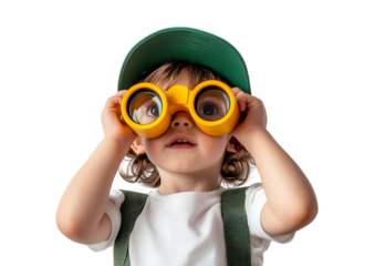 A curious toddler wearing a green cap uses yellow binoculars, isolated on transparent background