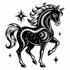 Fototapeta premium Stylized Black Horse with Stars Intricate Monochrome Tattoo Art Design