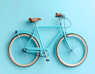 Top-down icon of a simple blue bicycle, placed on soft pastel background, flat lay style, balanced symmetry
