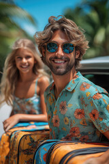 Famille joyeuse en tenue d’été avec valises colorées, prête à partir en vacances sous les tropiques, sourires et ambiance détendue devant une voiture, ciel bleu et palmiers
