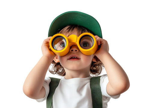 A curious toddler wearing a green cap uses yellow binoculars, isolated on transparent background