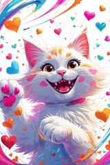 Cheerful Cartoon Cat Surrounded by Hearts and Colorful Swirls, Perfect for Love Themes