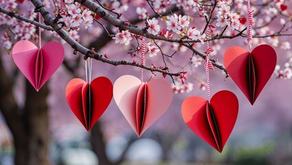 Paper Hearts Hanging from Flowering Tree Branches in Springtime