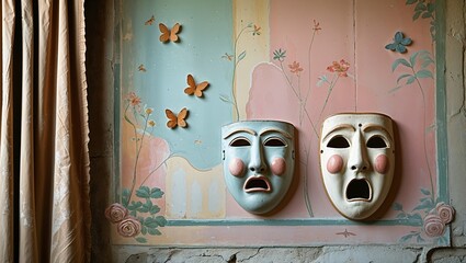 Pair of dramatic theater masks on painted wall with butterflies roses and curtain soft aesthetic