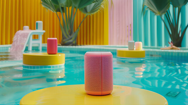  Colorful summer pool party scene with floating smart speakers. Vibrant pastel aesthetic background with abstract product podiums in water. Colorful Pool Scene: Summer Relaxation with Speakers