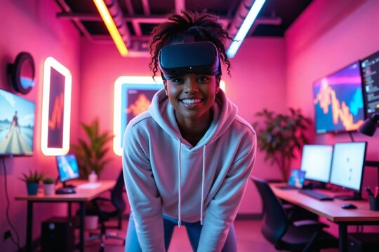 Eager Young African American Woman in a Virtual Reality Startup Studio