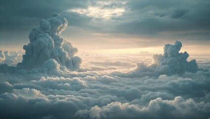 Majestic Cloudscape: Ethereal Sea of Clouds and Towering Cumulus Formations at Sunset.