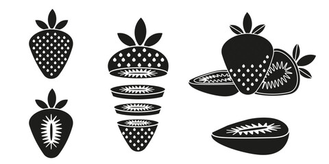 Black and white strawberry silhouettes, whole and sliced. Vector collection of fruit shapes in minimal style. Great for food, print, packaging, or botanical design projects. 