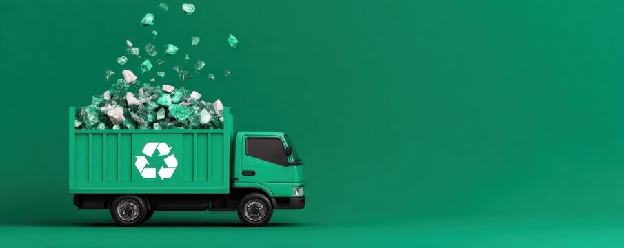 A green recycling truck with a recycling symbol is loaded with crushed recyclable materials against a solid green background.