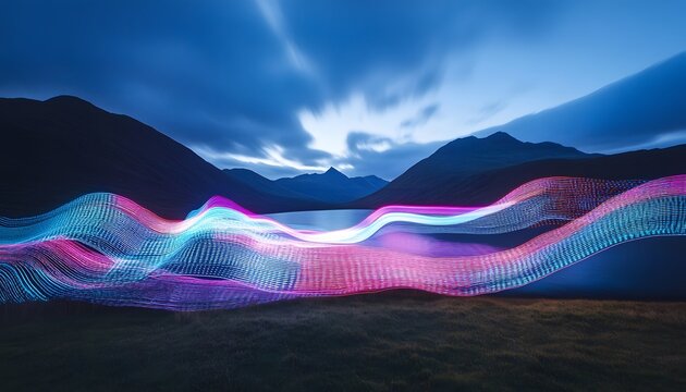 Colorful light trails create abstract patterns over a landscape at twilight.