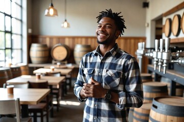 Joyful Young African American Man Enjoying a Craft Beer Tasting at a Modern Microbrewery
