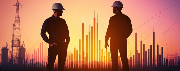 energy stock oil fossil concept Silhouetted workers with helmets against a colorful backdrop of graphs and structures.