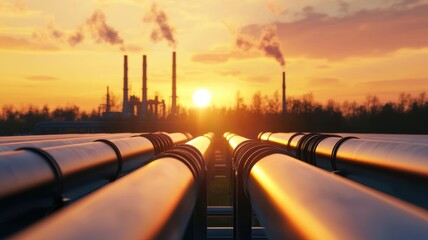energy stock oil fossil concept Industrial pipelines leading to a sunset backdrop with smoke stacks in the distance.