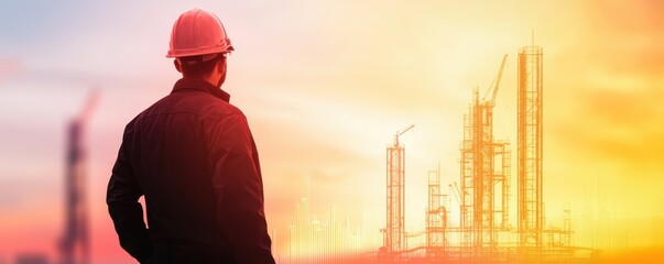 energy stock oil fossil concept Construction worker observing a skyline at sunset with cranes and buildings in the background.