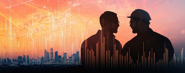 energy stock oil fossil concept Silhouettes of workers discussing a cityscape at sunset with abstract graphics.