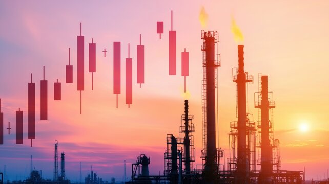 energy stock oil fossil concept Industrial skyline with graphs illustrating market trends at sunset.