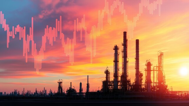 energy stock oil fossil concept Industrial skyline at sunset with financial data overlay. - Powered by Adobe
