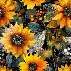 A vibrant seamless pattern featuring intricately hand-drawn sunflowers with rich yellow-orange petals, lush green leaves, and a striking black backdrop. Perfect for fabric, packaging, wallpapers