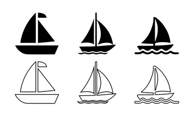 Sailboat and Sailing Icons Set - Marine and Water Sports and outline illustration