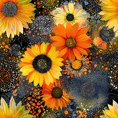 A vibrant seamless pattern featuring intricately hand-drawn sunflowers with rich yellow-orange petals, lush green leaves, and a striking black backdrop. Perfect for fabric, packaging, wallpapers