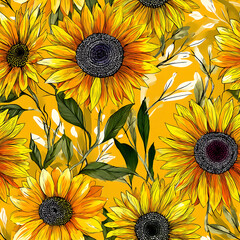 A vibrant seamless pattern featuring intricately hand-drawn sunflowers with rich yellow-orange petals, lush green leaves, and a striking black backdrop. Perfect for fabric, packaging, wallpapers