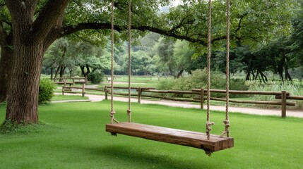 Aged wooden swing in green grass, surrounded by a rustic fence and lush trees, ideal for summer relaxation in the backyard
