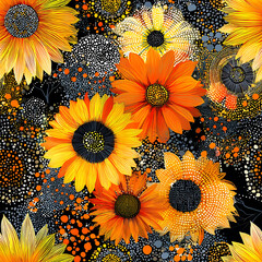 A vibrant seamless pattern featuring intricately hand-drawn sunflowers with rich yellow-orange petals, lush green leaves, and a striking black backdrop. Perfect for fabric, packaging, wallpapers