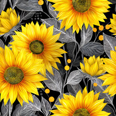 A vibrant seamless pattern featuring intricately hand-drawn sunflowers with rich yellow-orange petals, lush green leaves, and a striking black backdrop. Perfect for fabric, packaging, wallpapers