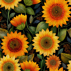 A vibrant seamless pattern featuring intricately hand-drawn sunflowers with rich yellow-orange petals, lush green leaves, and a striking black backdrop. Perfect for fabric, packaging, wallpapers
