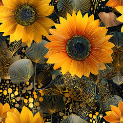 A vibrant seamless pattern featuring intricately hand-drawn sunflowers with rich yellow-orange petals, lush green leaves, and a striking black backdrop. Perfect for fabric, packaging, wallpapers
