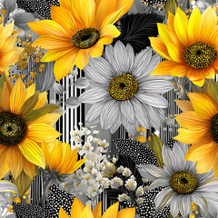 A vibrant seamless pattern featuring intricately hand-drawn sunflowers with rich yellow-orange petals, lush green leaves, and a striking black backdrop. Perfect for fabric, packaging, wallpapers