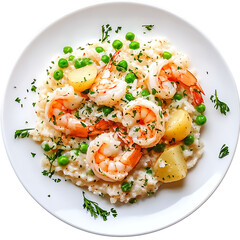 Creamy shrimp risotto with peas and potatoes, isolated on transparent background