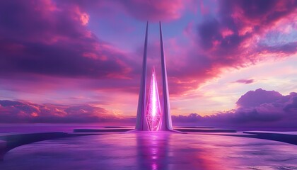 Fototapeta premium A futuristic structure stands tall against a vibrant sunset.