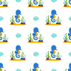 Underwater Seamless Pattern. Cute Sea Seahorse with algae on Seabed