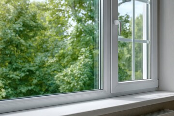 View of lush green trees through a modern window with a white frame and sill indoors
