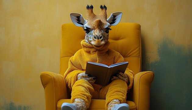 Person in giraffe costume reading book