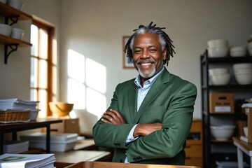 Fototapeta premium Warm Senior African American Man in a Corporate Community Bakery Office