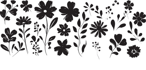 Black and white Hand Drawn Silhouette  floral brush strokes design elements 