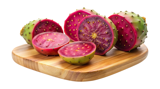 Sliced prickly pear cactus fruits on a wooden board isolated on white background or transparent background png