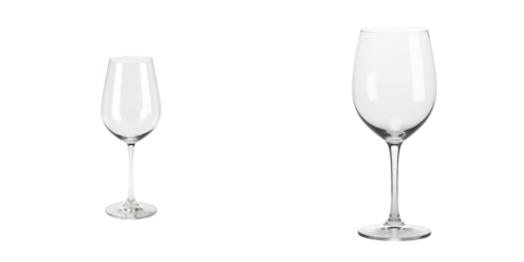 Empty clear wine glasses with different shapes isolated on transparent background suitable for product displays or promotional materials.