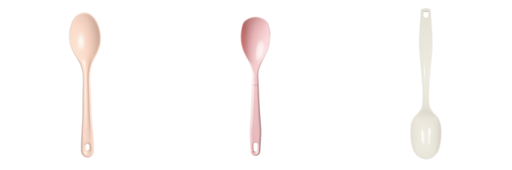 Three plastic kitchen spoons in varying colors displayed against a transparent background highlighting their shapes and features for utensil collection or product showcase.