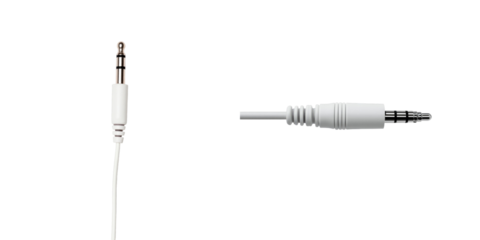 White headphone jack connector with a cable isolated on transparent background showing front and side views for product display and illustration purposes.