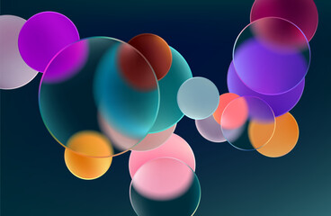 Colored circles and balls. Art geometric shapes in liquid glass style. Abstract vector background.