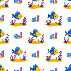 Underwater Seamless Pattern. Cute Sea Fish, Plant Aalgae and Seabed