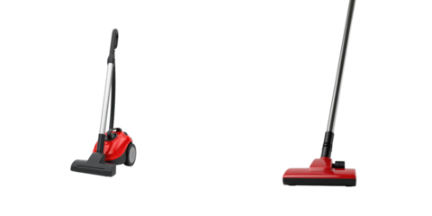 Modern red vacuum cleaner with detachable nozzle and slim design on transparent background highlighting features and versatility for cleaning tasks